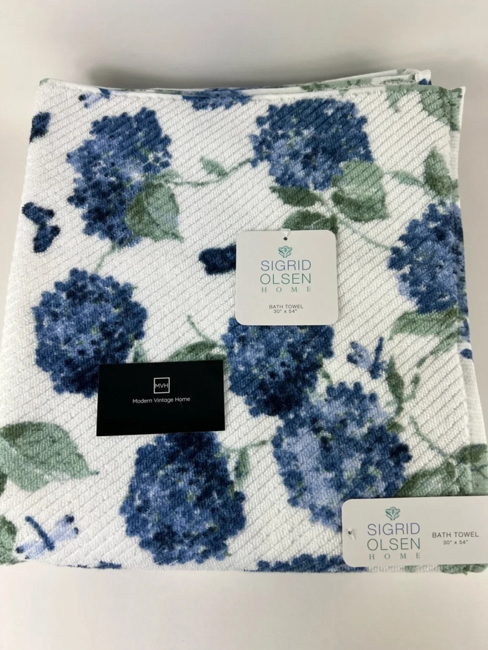 Sigrid Olsen Bath Towel Set Blue Green Hydrangea Floral Soft Cotton Set of 2 NEW
